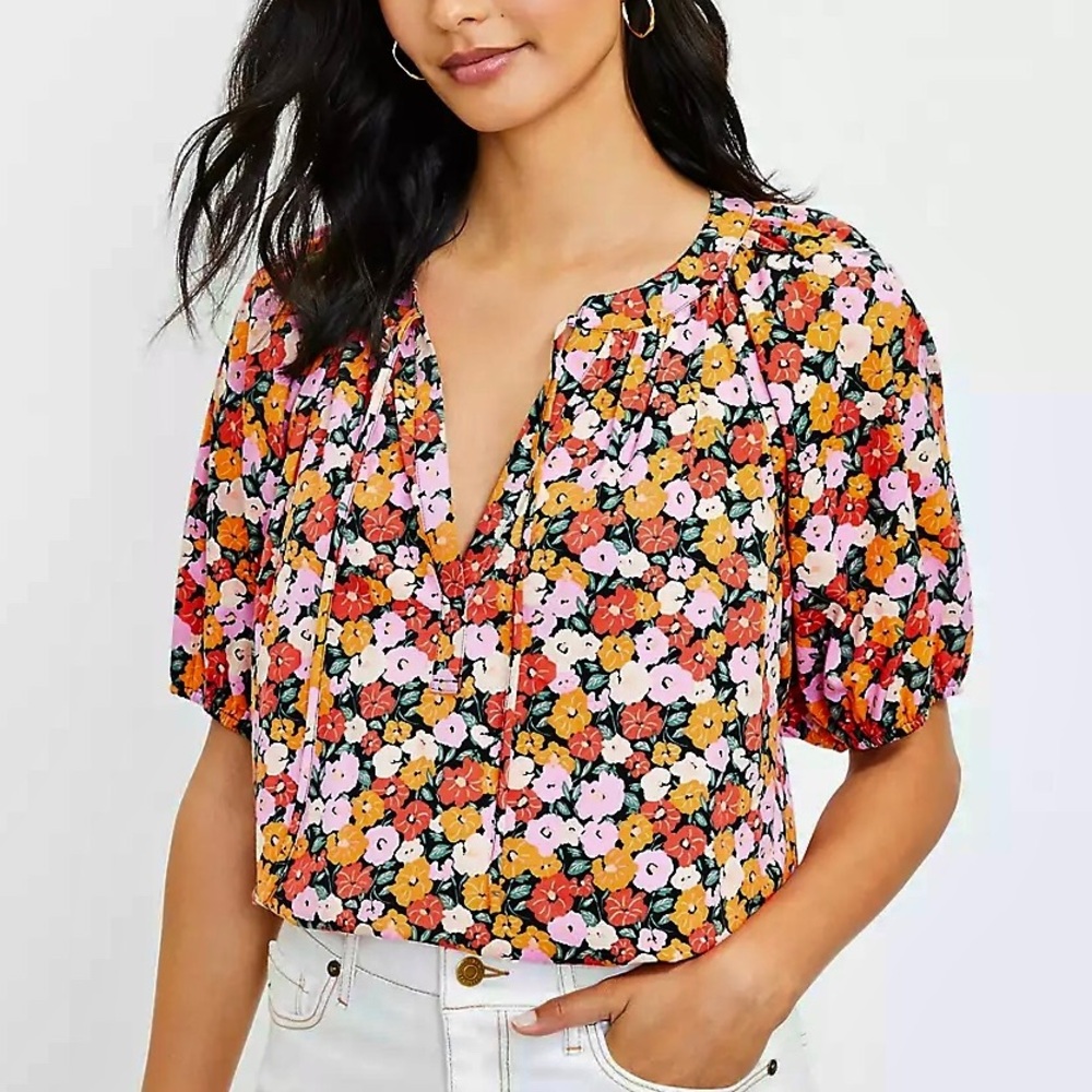Loft Floral Tie Neck Puff Sleeve Top Size S